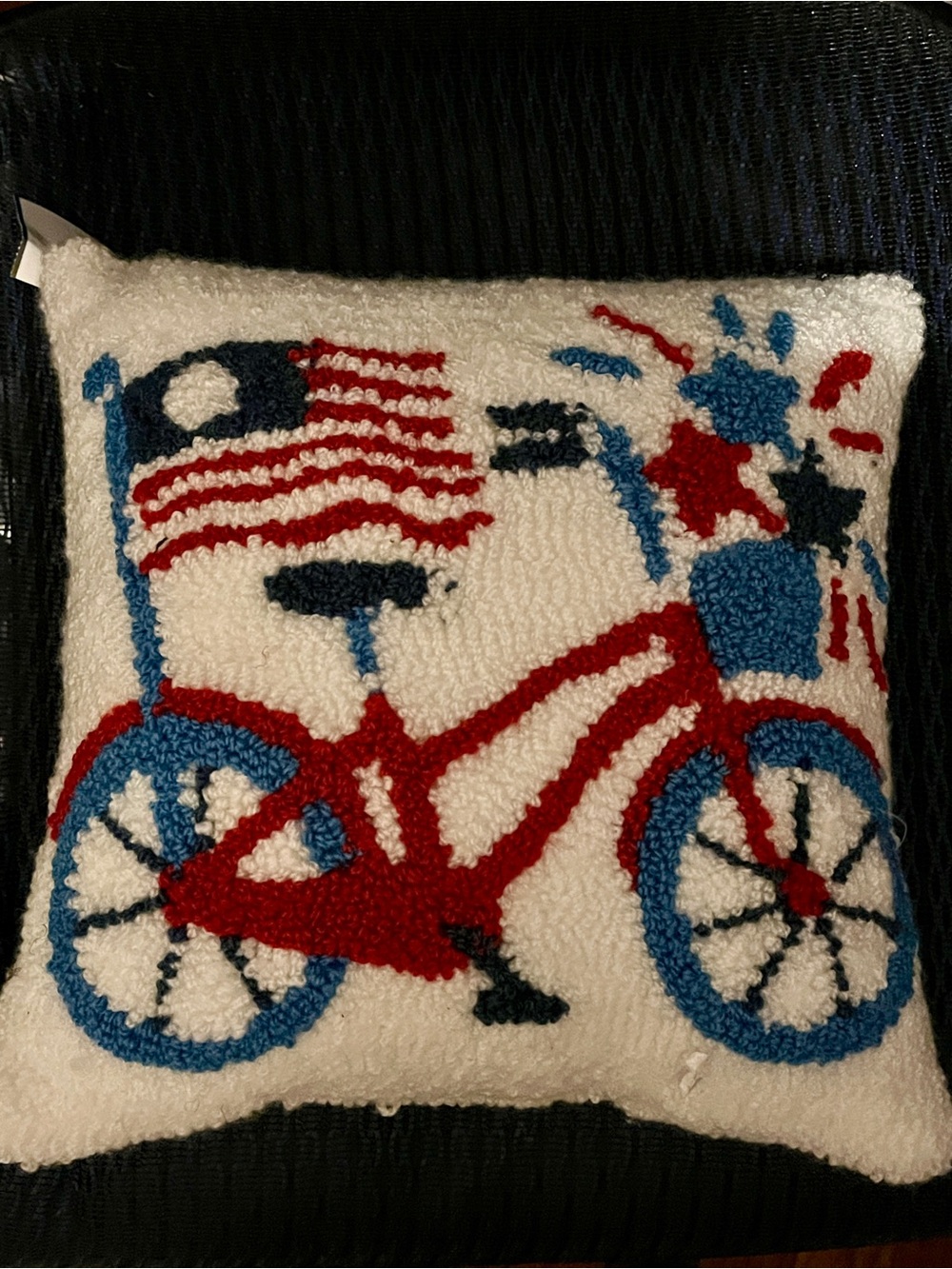 Patriotic Hooked Bicycle Throw Pillow | Americana Red White & Blue Accent Pillow